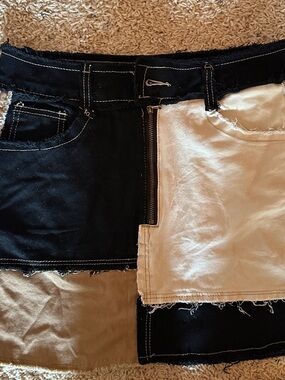 Patchwork Jeans brand Mini Skirt in Black, Cream & Tan
